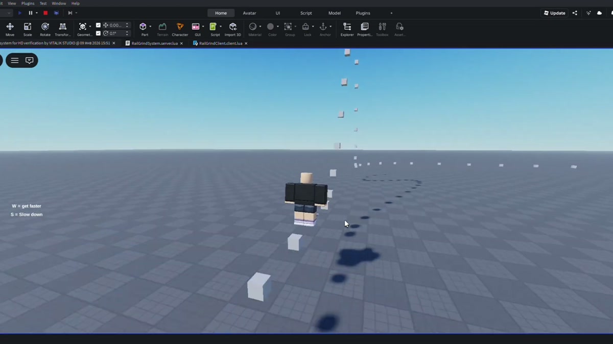 Rail movement system with slope-aware physics